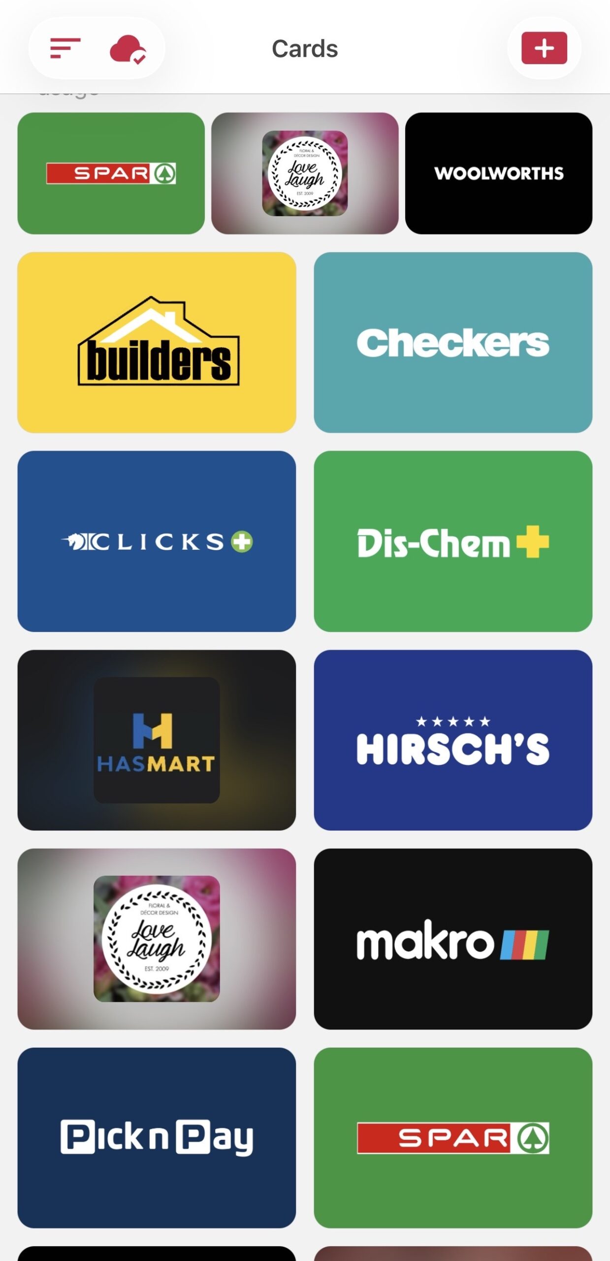 LINKey wallet showing loyalty cards from SPAR, Woolworths, Checkers, Clicks, Dis-Chem and more local South African stores
